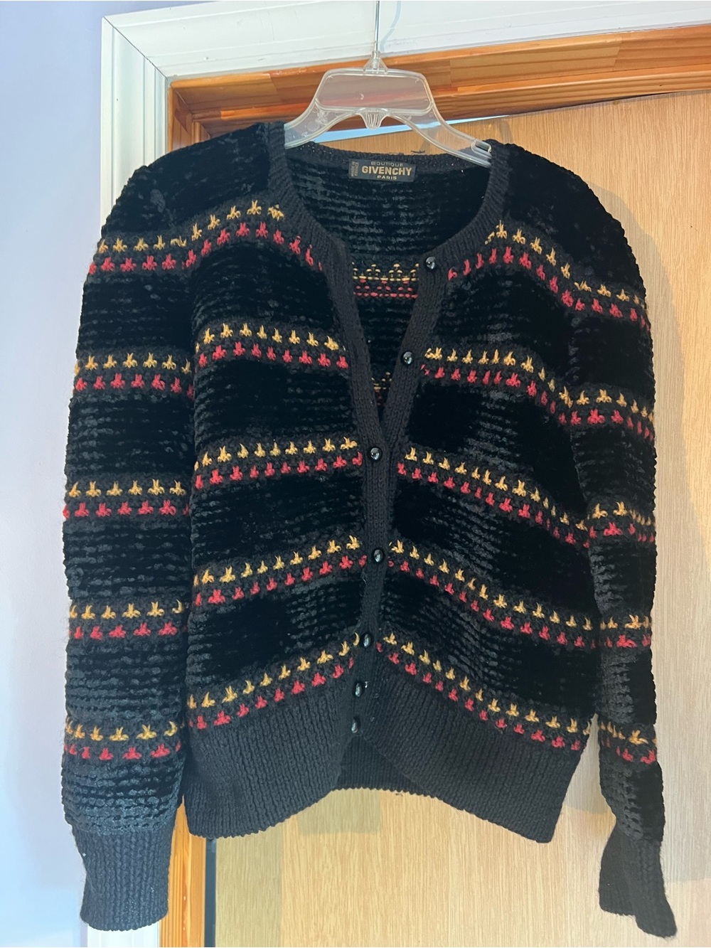 Givenchy Black Knit Cardigan with Red and Gold Accent Stripes